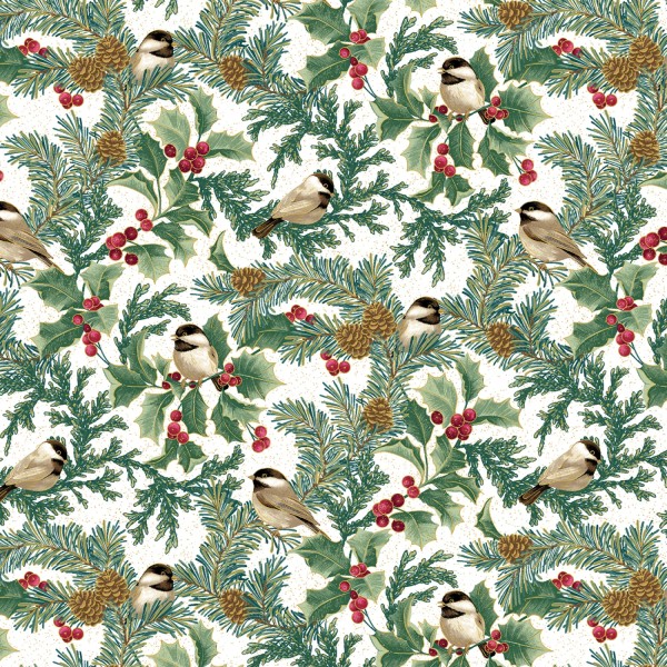 Vögel Stoff Winter Chickadees White Metallic