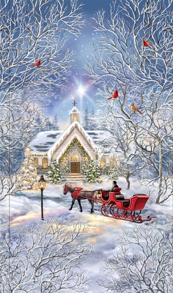 Weihnachtsstoff Panel Snow Winter Blessing Chapel Digital