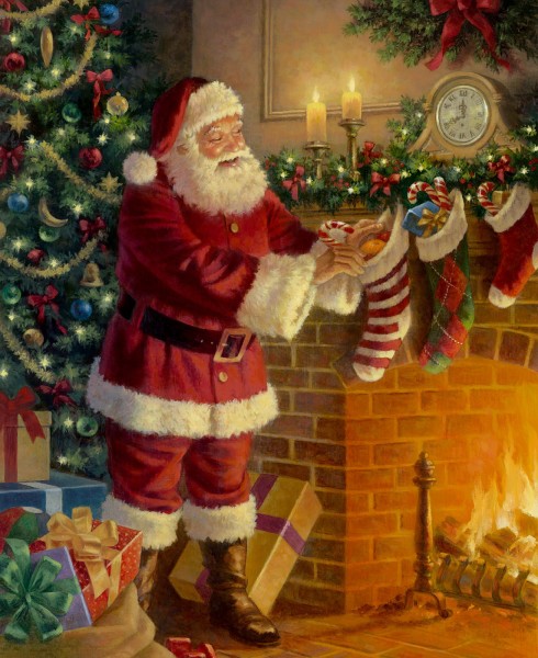 Weihnachtsstoff Panel Nostalgic Christmas Santa by the Fireplace