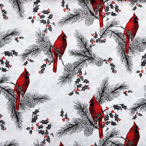 Weihnachtsstoff Cardinal Vögel Weiß Silber Joyful Traditions
