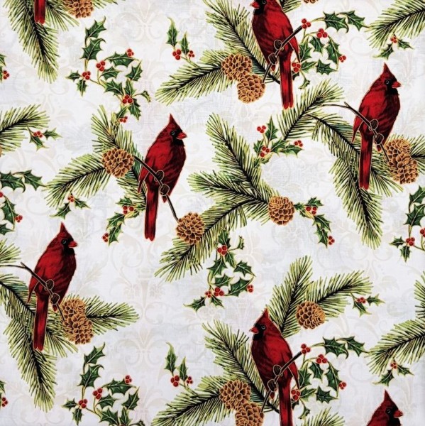 Weihnachtsstoff Cardinal Vögel Creme Gold Joyful Traditions