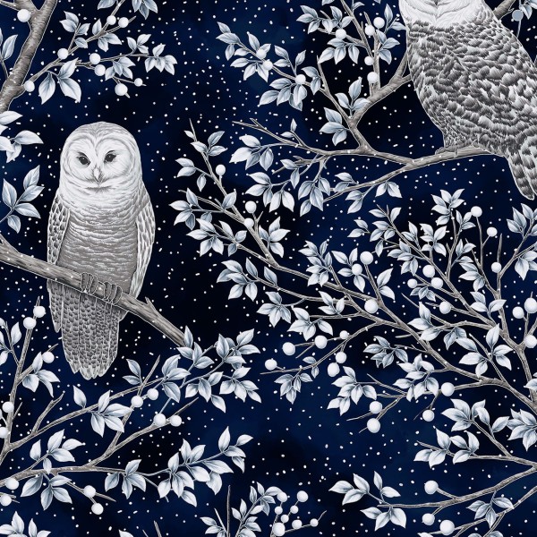 Eulen Stoff Blau Midnight Perch Owls Silver Metallic