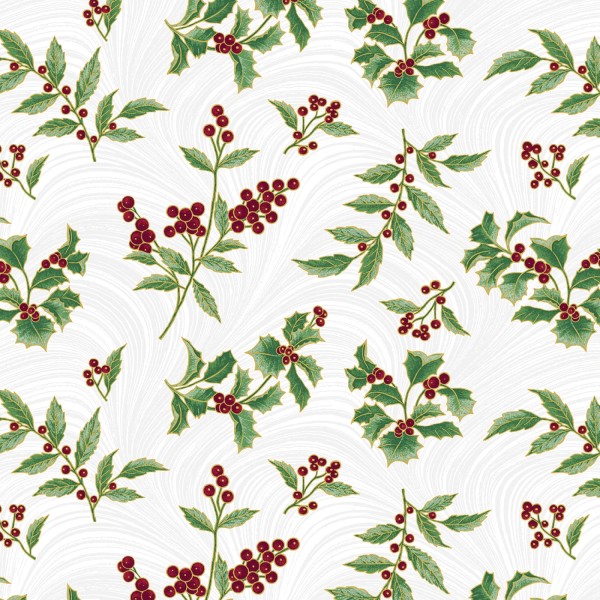Weihnachtsstoff Winter`s Day Holly & Waves White Metallic