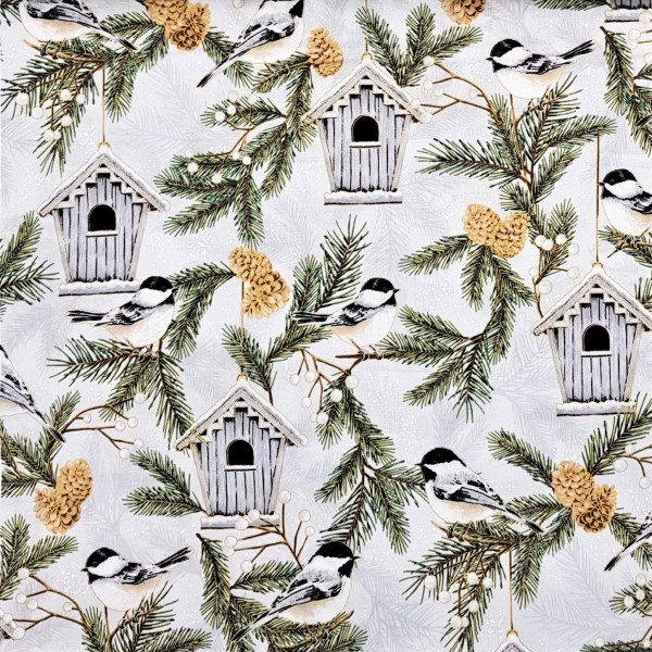 Weihnachtsstoff Winter Vögel Grau Gold Joyful Traditions