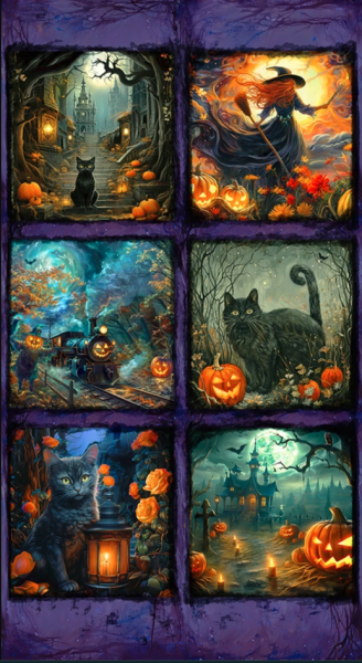 Katzen Halloween Stoff Moon Spell Spooky Block Panel