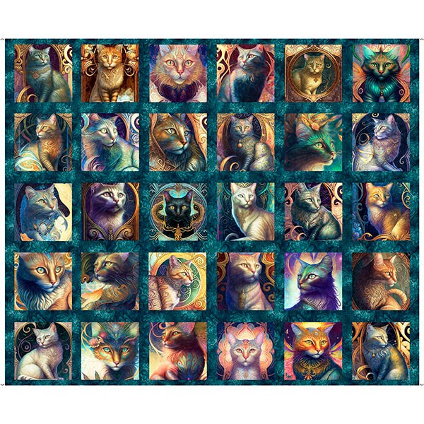 Katzen Stoff Feline Fantasia Cat Picture Patches Teal