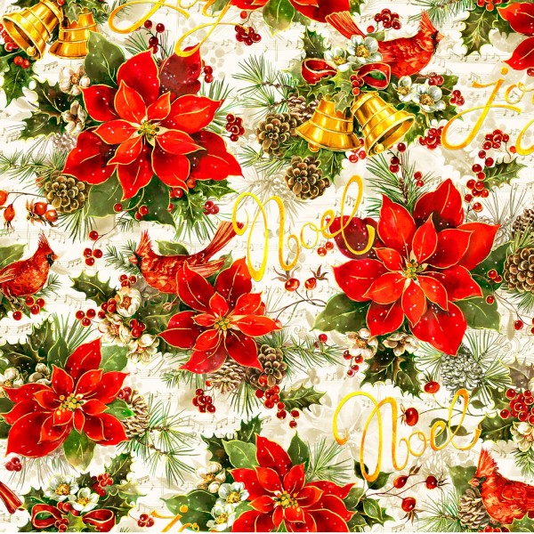 Weihnachtsstoff Noel Music Poinsettias