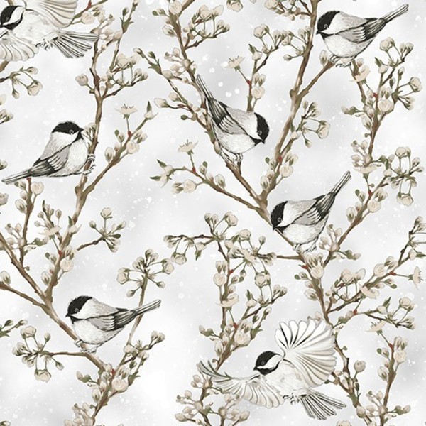 Vögel Stoff Chickadees Light Gray Silver