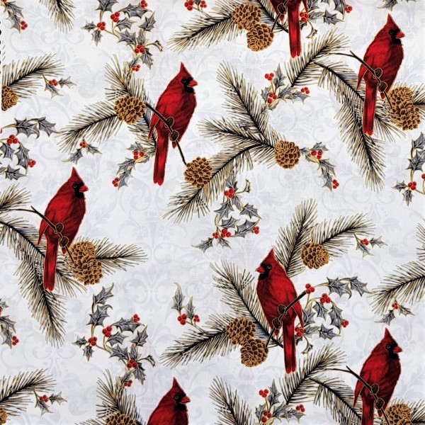 Weihnachtsstoff Cardinal Vögel Weiß Gold Joyful Traditions