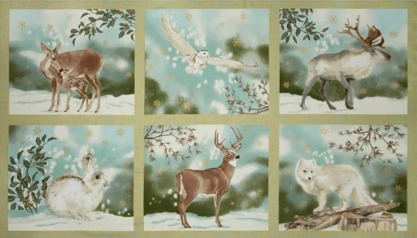 Tiermotive Stoff Panel Winter White Gold Metallic