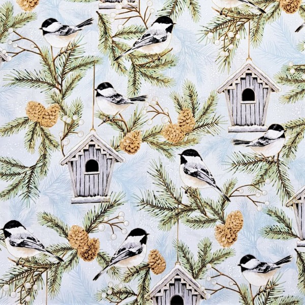 Weihnachtsstoff Winter Vögel Rauchblau Gold Joyful Traditions