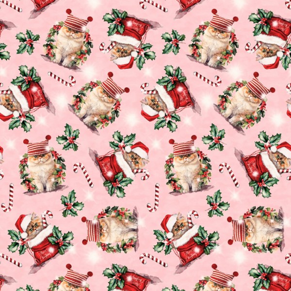 Weihnachtsstoff Katzen Pink Holiday Cats