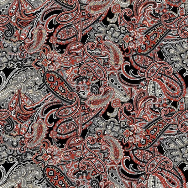 Paisley Stoff Schwarz Rot Grau French Country Black