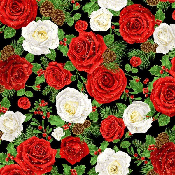 Rosen Blumen Stoff Holiday Rose Bouquets Black Metallic