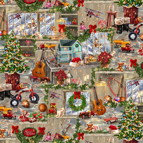 Weihnachtsstoff Spielzeug Santa's Workshop
