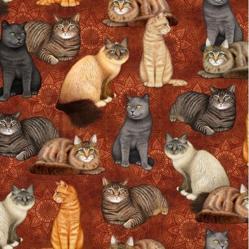 Katzen Stoff Medallion Rotbraun Felicity Cats