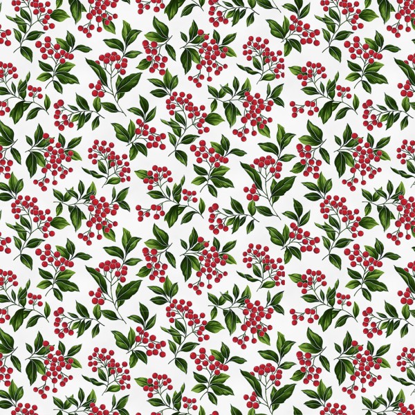 Weihnachtsstoff Blooming Holidays Berries Weiß Silber Metallic