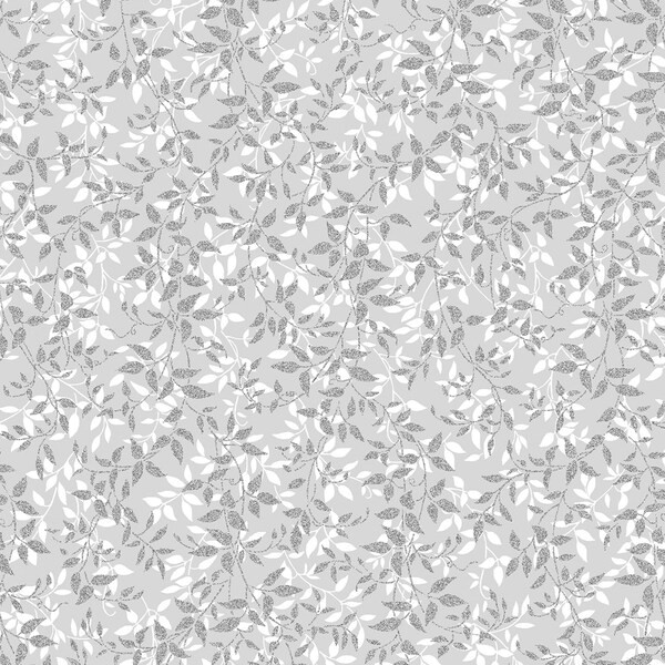 Blätterranken Stoff Grau Weiß Silber Metallic Sparkle and Fade