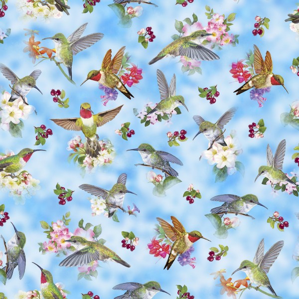 Kolibri Vögel Stoff Hummingbird Garden Birds Blue