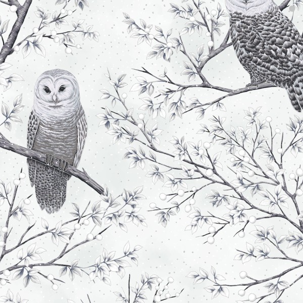 Eulen Stoff Weiß Midnight Perch Owls Silver Metallic