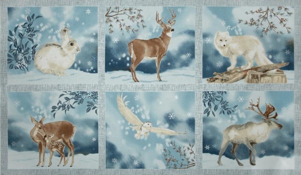 Tiermotive Stoff Panel Winter White Silber Metallic