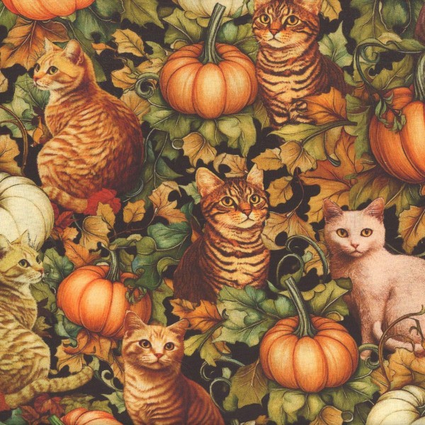 Katzen Herbst Stoff Autumn Cats and Pumpkins