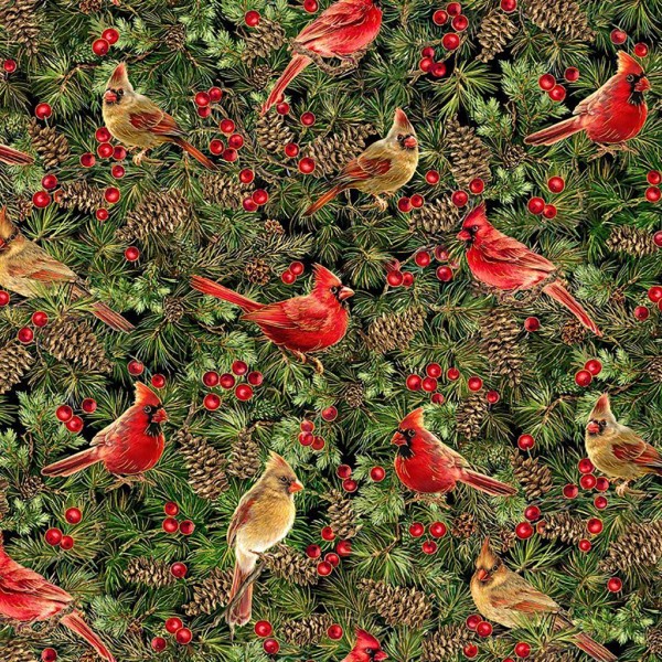 Weihnachtsstoff Vögel Stoff Cardinals Metallic