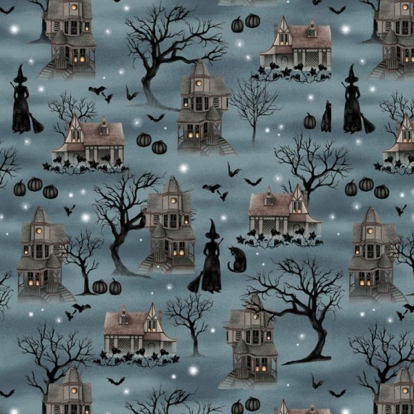 Halloween Stoff Harvest Moon Blue Haunted House