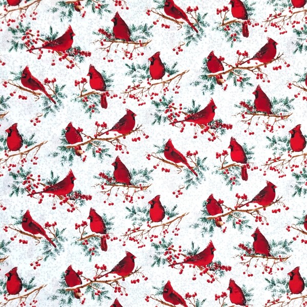 Vögel Stoff Weiß Cardinal Holiday Glitter